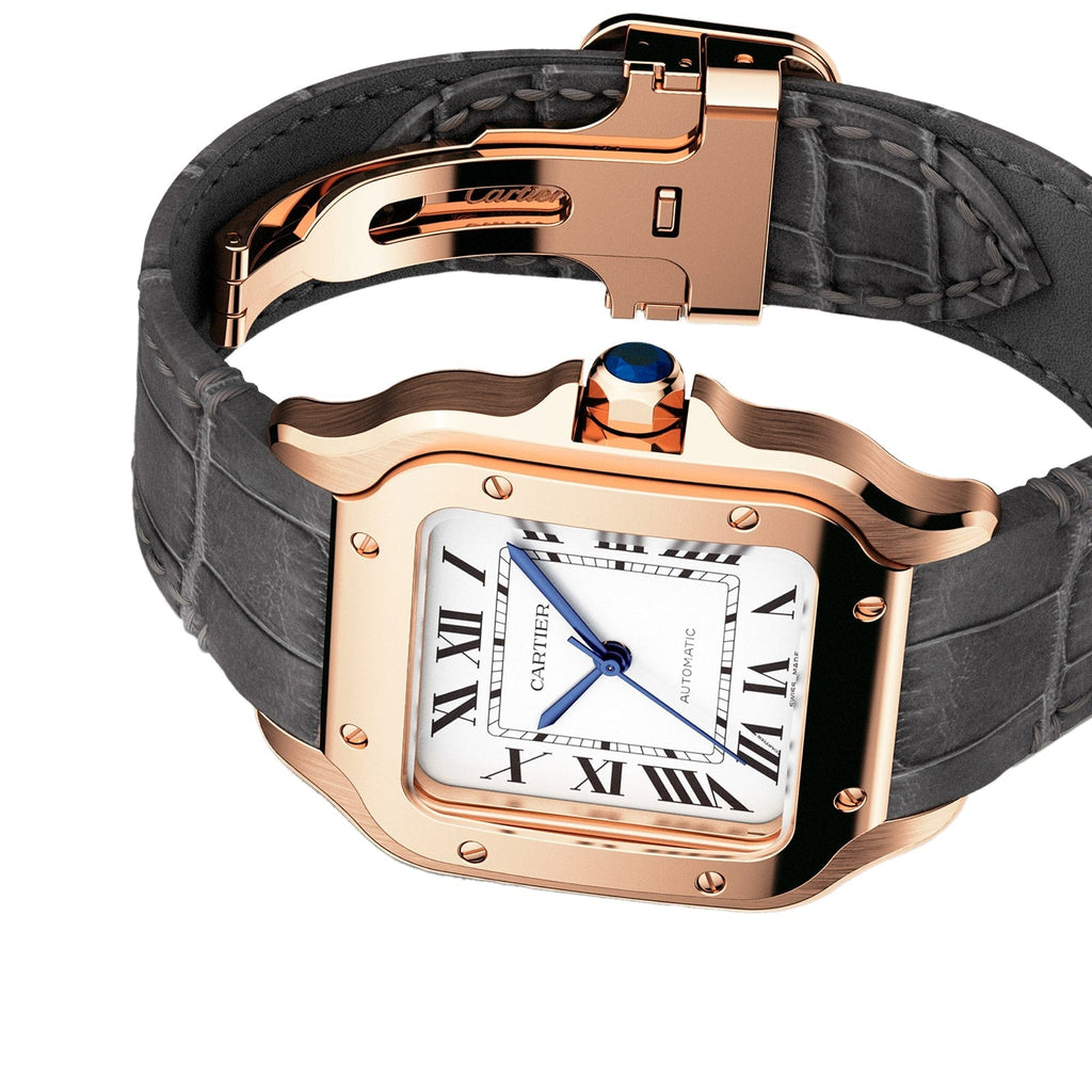 Santos de Cartier Medium Model | 35mm, 18K Rose Gold, Alligator Leather, Silver Dial